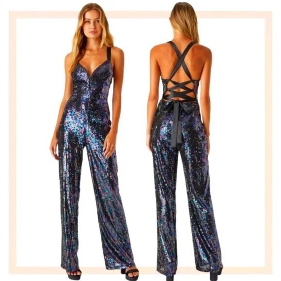 Lulus Pants - 🪩💋70s GLAM DISCO ERA!💋🪩 High-Shine Iridescent Black Sequin Lace-Up Jumpsuit
